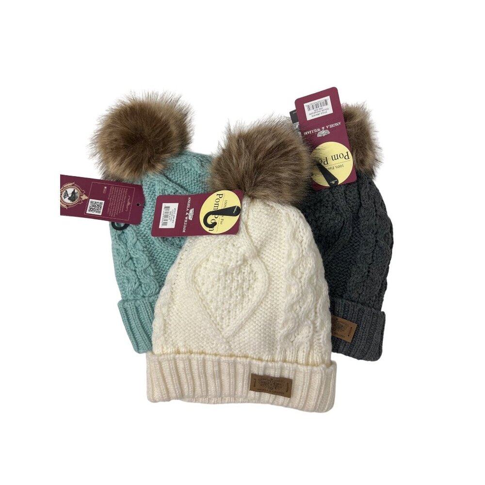 Bundle Of 3 Pom Pom Beanies One Size Stretchy Cozy Warm Knit